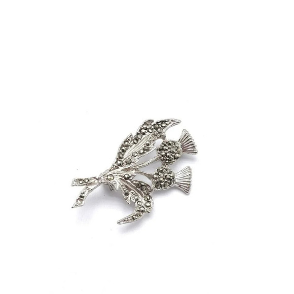 Scottish THREE THISTLE Marcasite Shiny Silver Tone Brooch Pin Vintage - Picture 3 of 4